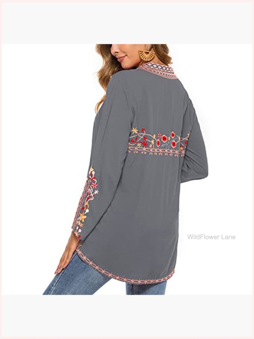 Boho Embroidered Long Sleeve Tunic Blouse Women Peasant Top - Picture 5 of 6
